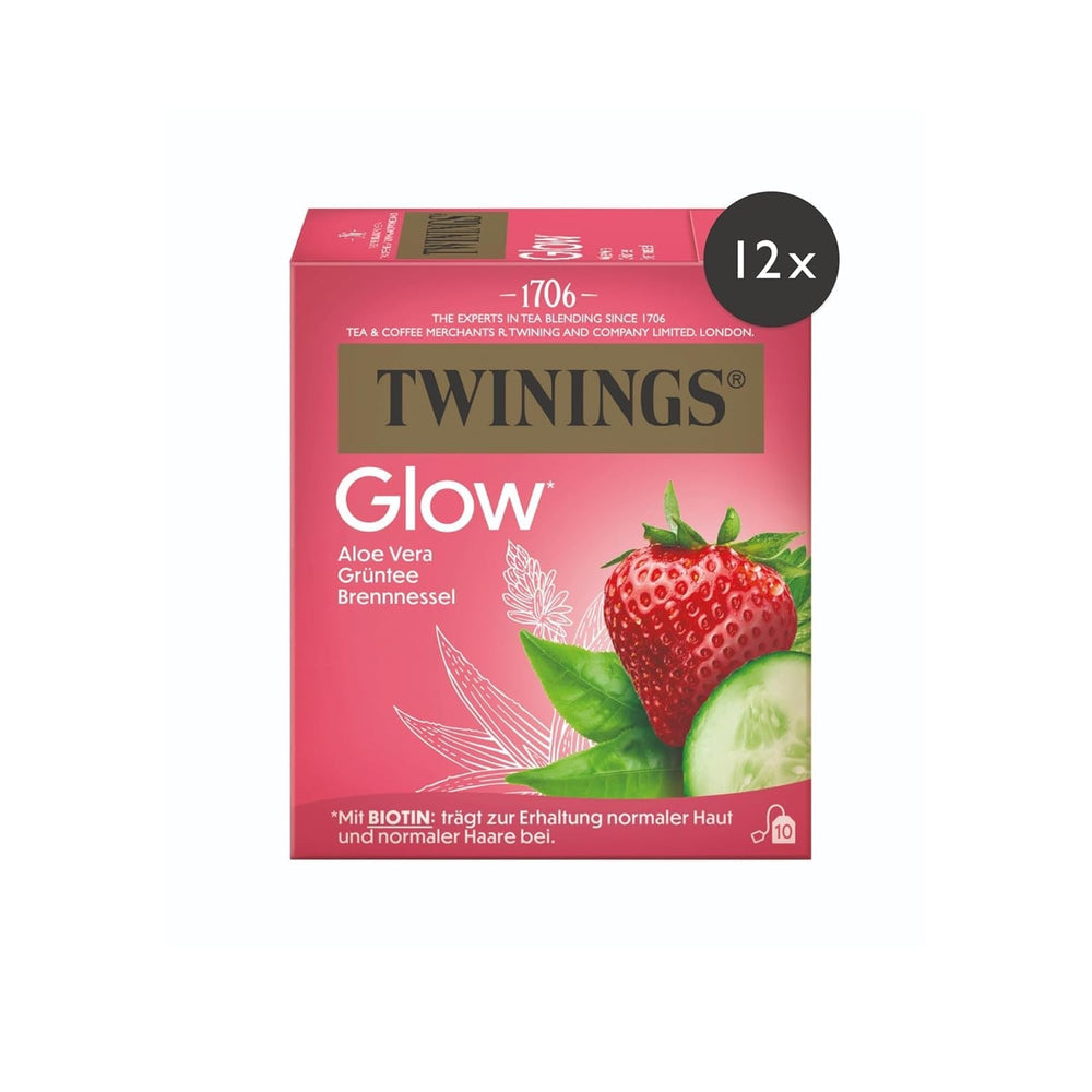 Twinings GLOW Ceai verde cu aloe vera și urzică cu biotină - Amestec de ceaiuri din plante benefice pentru îngrijirea naturală a pielii și părului, pachet de 12 (10 pliculețe fiecare)