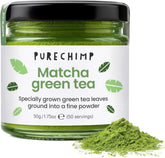 Poudre de matcha de qualité cérémonielle Purechimp 50 g. Poudre de thé 100 % pure cultivée à l'ombre pour les lattés, les infusions et les recettes. Pot recyclable. Riche en antioxydants.