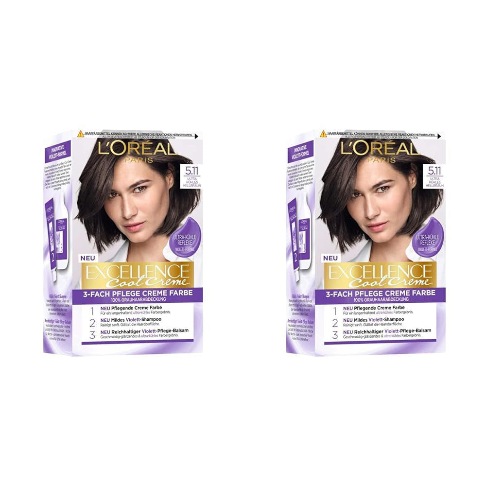 L'Oréal Paris Coloration capillaire permanente au résultat couleur ultra cool, couverture 100% des cheveux gris, sertie de teinture, shampoing et crème de soin, Excellence Cool, n° 1. 5.11 Châtain clair (Marron) (Pack de 2) Naty Shop Hair Dye Titre par défaut