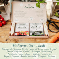 Set de semințe premium organice Plantaluz P04 – Set de semințe mediteraneene pentru legume și plante aromatice cu 10 soiuri pentru grădină, balcon și straturi înalte – incl. bețe de plantare FSC – Semințe organice cu polenizare liberă și fără OMG