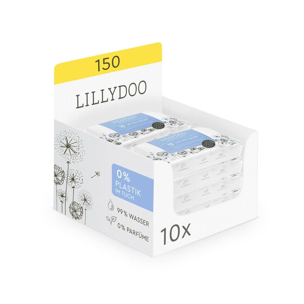 LILLYDOO Baby Feuchttücher Mit 99% Wasser, 10 X 15 Stück (150 Feuchttücher), 100% Plastikfreies Tuch, Ohne Parfüme & Mild Wie Watte Und Wasser (FSC Mix) Lingettes humides pour bébé Naty Shop 15 Stück (10Er Pack)
