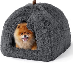 BEDSURE Katzenbett große Katzen Katzenhöhle- 44x44x44 cm Plüsch Katzenhaus Indoor mit abnehmbarem Katzenkissen und hängendem Spielzeug, Katzen Bettchen waschbar, dunkelgrau