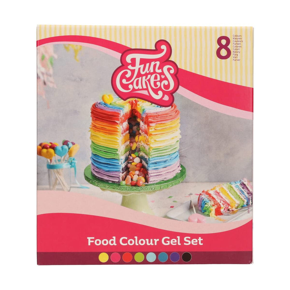Colorant Alimentaire Gel Funcakes Lot de 8 : Colorant alimentaire très concentré pour pâte, crème, fondant, pâte d'amande et pâte. 8 couleurs : jaune, rose, rouge, vert clair, bleu clair, turquoise, violet et noir. Halal.