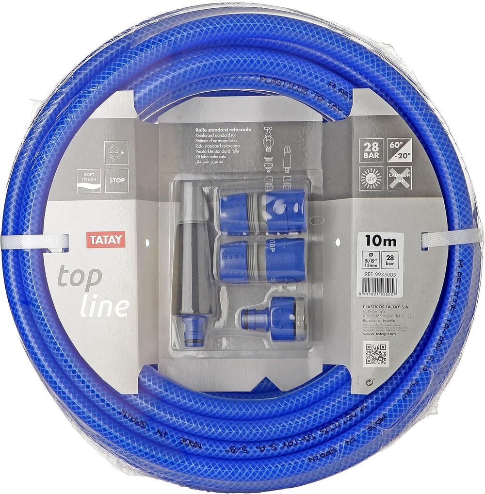 Kit tuyau d'arrosage TATAY Blue Line 10 mètres Ø5/8" 15mm, 3 couches, fabriqué en Espagne, résistance 28 bar et +60°/-20°, tressé, sans cadmium et sans plomb, sans BPA, anti-UV. Coloris bleu.