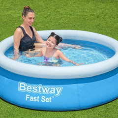 Piscină supraterană Bestway Fast Set fără pompă, Ø 183 x 51 cm, albastră, rotundă, 940 litri, material TriTech, autoasamblabilă, supapă de siguranță, incl. plasture de reparare