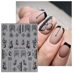 JMEOWIO Autocollants pour ongles 3D Noir Blanc Fleurs Nail Art Autocollants Autocollants pour ongles 5D Stéréoscopiques Fleurs Décoration Nageldesign Zubehör 4 Blatt