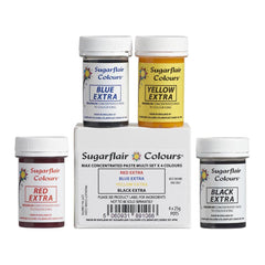 Set de colorants alimentaires Sugarflair Max Concentrated/4, colorant alimentaire en pâte Max Concentrate, EXTRA bleu, jaune, rouge, noir - 4x25g