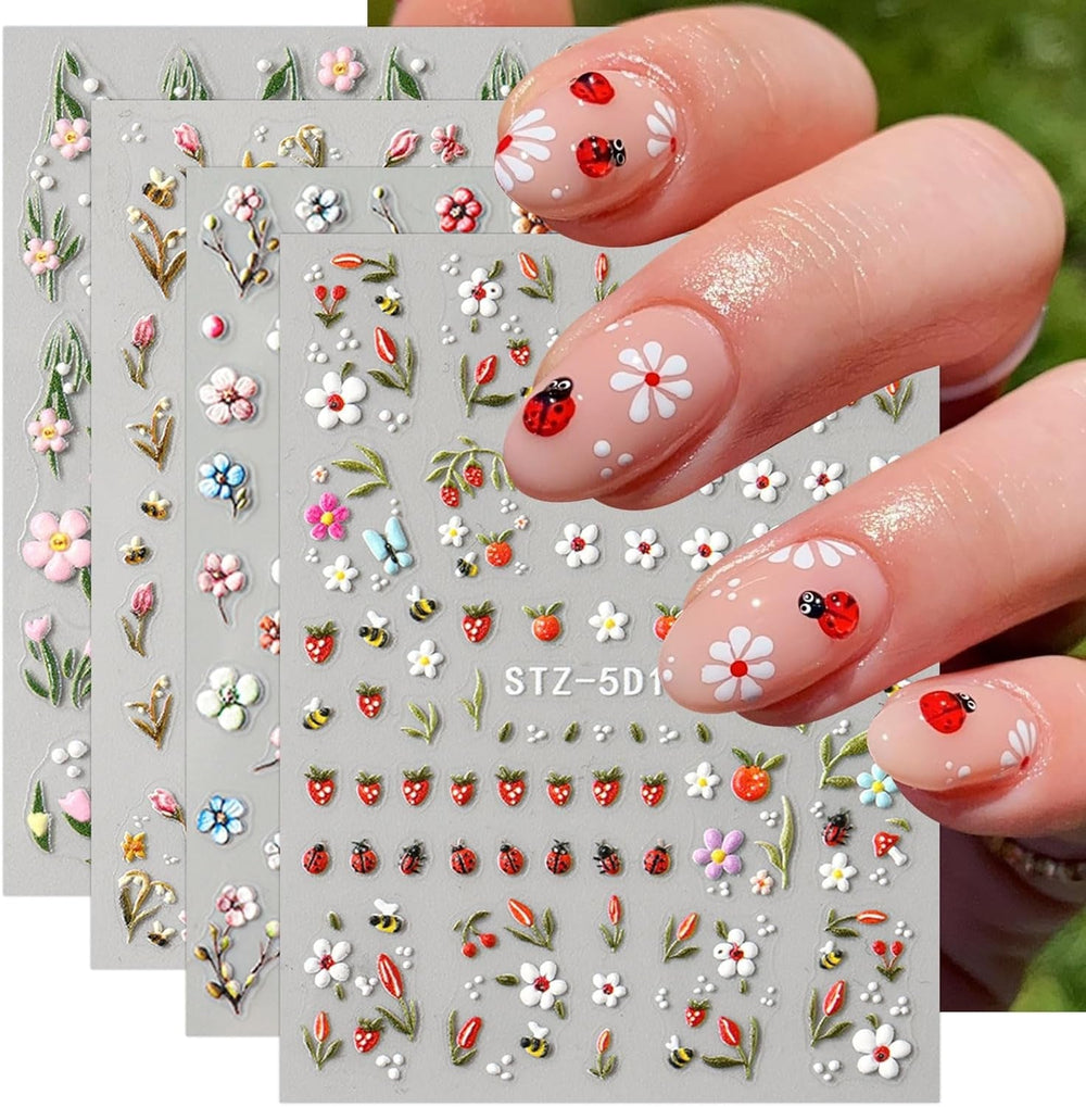 JMEOWIO Autocollant 3D pour ongles, fleurs, fruits, Nail Art, autocollant auto-adhésif, autocollants stéréoscopiques 5D, décoration, conception de ongles, 4 couleurs