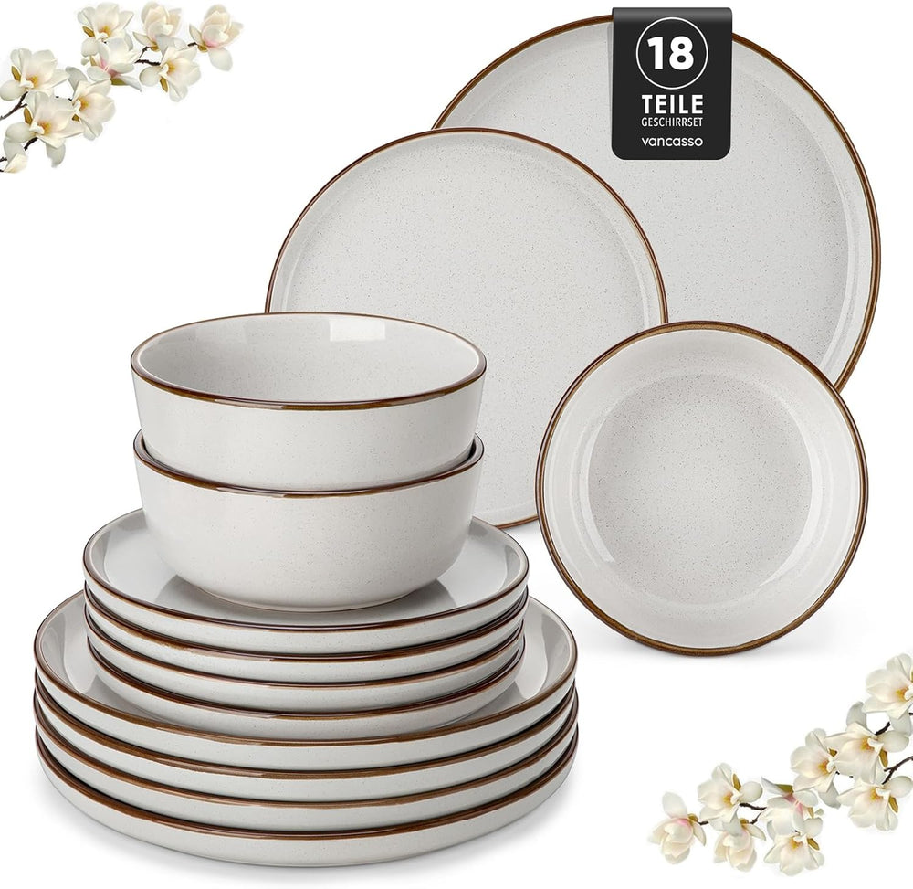 Vancasso LOIRE Service de table en grès pour 6 personnes, service de table 18 pièces pour 6 personnes, gris moderne, comprenant un bol, une assiette à dessert et une assiette plate, passe au micro-ondes et au lave-vaisselle