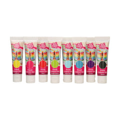 Colorant Alimentaire Gel Funcakes Lot de 8 : Colorant alimentaire très concentré pour pâte, crème, fondant, pâte d'amande et pâte. 8 couleurs : jaune, rose, rouge, vert clair, bleu clair, turquoise, violet et noir. Halal.