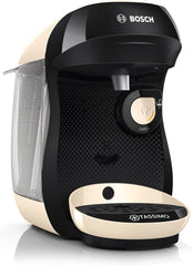 Bosch Tassimo Happy Friendly TAS107E Machine à expresso à capsules, plus de 70 boissons, convient à toutes les tasses, arrêt automatique, durable, dosage parfait, gain de place, 1400 W, crème/noir