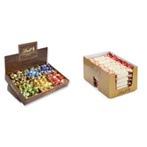 Présentation du dessus de chocolat Lindor | 1718 g et tablettes de chocolat à la pâte d'amande | 25 barres x 50g en présentoir | 1250g | Pâte d'amande pure recouverte de chocolat noir | Barres de chocolat