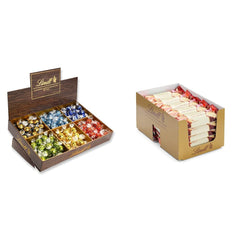 Présentation du dessus de chocolat Lindor | 1718 g et tablettes de chocolat à la pâte d'amande | 25 barres x 50g en présentoir | 1250g | Pâte d'amande pure recouverte de chocolat noir | Barres de chocolat