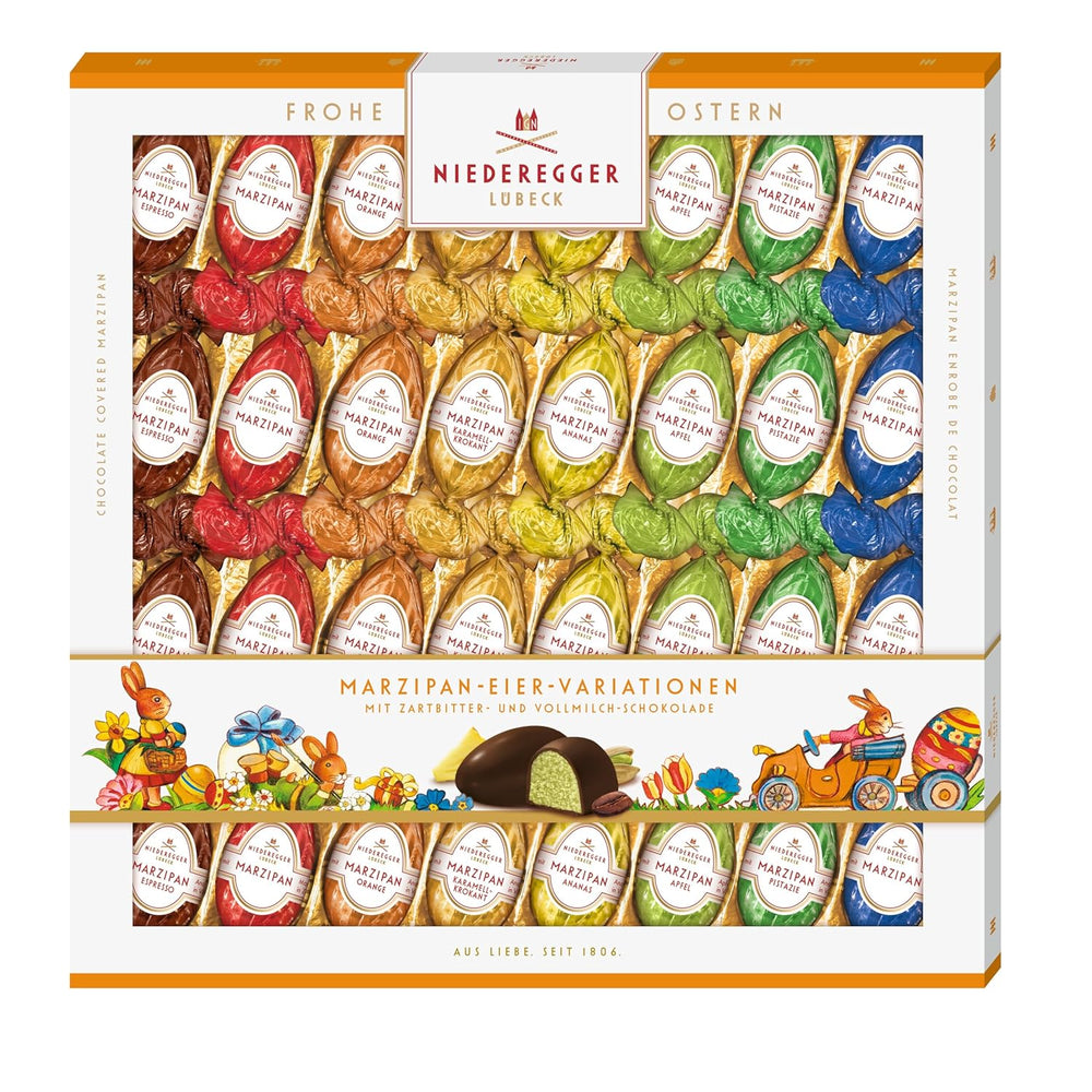 Niederegger | Ouă de marțipan | 1 x 400g | Variante: Clasic, Ciocolată cu lapte, Portocală, Caramel Crunch, Ananas, Măr, Espresso și Fistic | Învelite în ciocolată neagră și cu lapte | Cadou de Paște