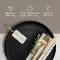 Ensemble d'assiettes en grès pour 6 personnes – Noir mat, 6 pièces, grandes assiettes allant au micro-ondes, design élégant – Collection Twinzee Ebony