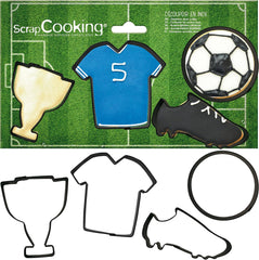 SCRAP COOKING 4 Emporte-pièces en Forme de Football - Emporte-pièces en Acier Inoxydable - Football, T-Shirt, Chaussure, Tasse - Mini Moules à Gâteaux - Accessoires de Pâtisserie, Décorations d'Anniversaire - 2086