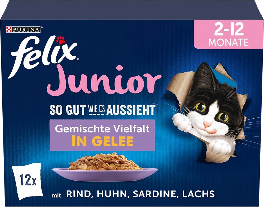 Felix As Good As It Looks Junior Nourriture humide en gelée pour chatons, mélange assorti, paquet de 6 (6 x 12 sachets de 85 g chacun)