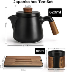MIAMIO - Service à thé japonais/chinois 6 x 100 ml / Théière asiatique 620 ml avec infuseur à thé, ensemble de théière japonaise traditionnelle pour les amateurs de thé/hommes/femmes (noir)