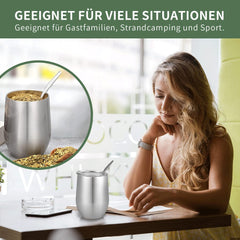 Cana modernÄ pentru mate 340 ml, set de cÄni pentru yerba mate din oÈel inoxidabil cu pereÈi dubli izolaÈi, canÄ pentru ceai mate cu capac fÄrÄ BPA, bombillas Èi o perie de curÄÈare (argintiu)