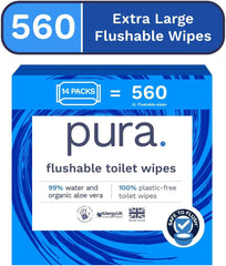 Șervețele umede ecologice, de unică folosință, 560 de șervețele (14 x 40 de șervețele), pachet lunar, 100% fără plastic, 99% apă, șervețele umede sensibile și îngrijitoare, certificate „Fine to Flush”, biodegradabile, vegane