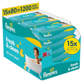 Lingettes humides Pampers Fresh Clean, 15 paquets de 80 lingettes, 1 200 lingettes au total, parfum léger, convient également aux mains et au visage