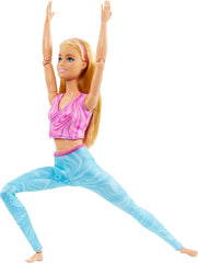 Barbie Made-to-Move-Modepuppe mit blondem Haar, abnehmbarem pinkfarbenen Sportoberteil und Blauer Yogahose, 22 bewegliche Gelenke, HRH27