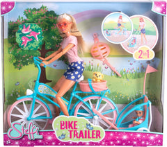 Steffi Love Bike Trailer, poupée sur vélo avec remorque pour bébé, chien et écouteurs, 3 ans et plus