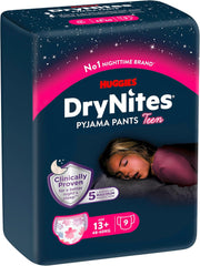 Huggies DryNites Couches pour énurésie nocturne pour filles de 13 à environ 17 ans (48-60 kg), lot de 27 couches (3 x 9) par mois