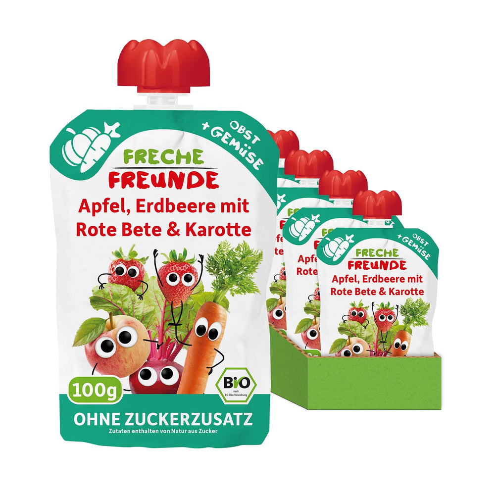 FRECHE FREUNDE Pungă de fructe bio, compresibilă, cu mere, căpșuni, sfeclă roșie și morcov, piure de fructe cu legume într-o pungă compresibilă pentru bebeluși de la 6 luni, vegan, pachet de 6 (6 x 100g)