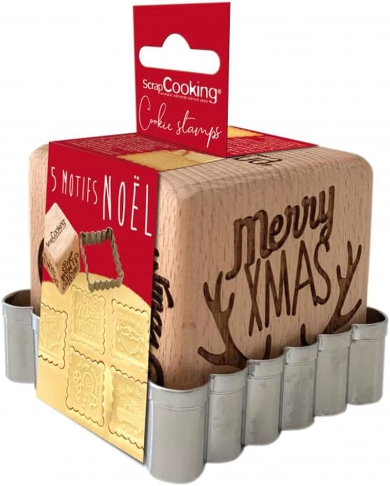 SCRAP COOKING 5138 Tampon à pâtisserie en bois motif Noël - avec 1 forme d'emporte-pièce et cube de Noël gravé 5 faces - Forme décorative