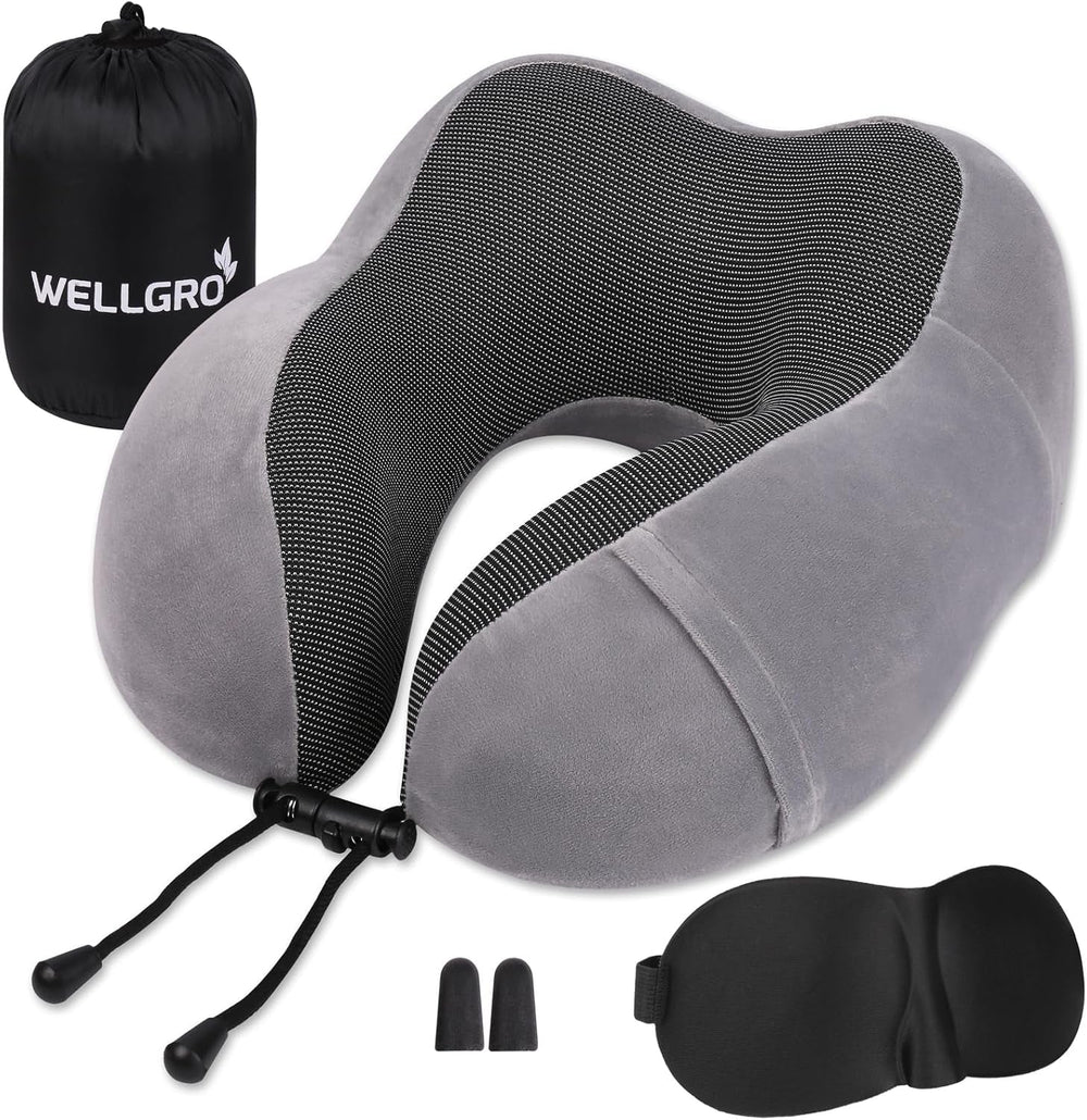 WELLGRO Ensemble d'oreillers cervicaux avec masque de sommeil 3D et bouchons d'oreilles - Housse amovible - Mousse à mémoire de forme - Fermeture à glissière - Sac de rangement inclus - Oreiller de voyage - Couleur au choix, Couleur: Gris Naty Shop Oreillers cervicaux orthopédiques gris
