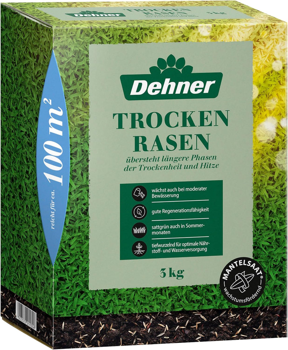 Dehner Saatgut Trockenrasen, Hochwertige Rasensamen Für Strapazierfähigen/Trockenheitsresistenten Rasen, Schnell Keimend/Pflegeleicht, Ideal Für Heiße Sommermonate, 3 Kg Für Ca. 100 M²