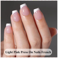 Ongles français autocollants rose clair – 32 pièces à coller sur ongles français – Faux ongles carrés courts – Colle respirante sur ongles artificiels – Faux ongles à couverture complète pour femme (rose clair)