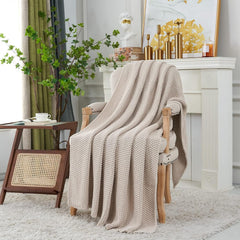 Chunky tricot arunca pătură, Lightweight, Bej, 100% bumbac organic, Pătură pentru canapea, canapea, pat, copil, camera copiilor, Rustic, Shabby chic, Modern farmhouse, 152.4 X 203.2 cm, Inclusiv sac de rufe Paturi si Cuverturi Longhui bedding