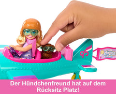 Barbie Chelsea Flugzeug Puppe und Spielset - Pilotenpuppe, Flugzeug, Hündchen und Zubehör für Geschichtenerzählen, rollende Räder und blumenförmiger Propeller, ab 3 Jahren, HTK38