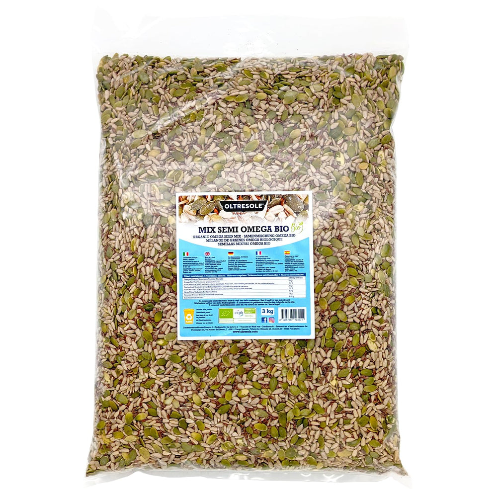 Mélange de graines Omega Bio 3 kg (mélange de graines de courge, de tournesol et de lin), un mélange de 3 graines oléagineuses brutes entières, riches en protéines, fibres et acides gras oméga-3