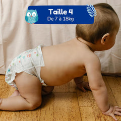- Couche taille 4 (7 – 18 kg) – pour peaux sensibles – naturelle et très absorbante – étanche 12 heures – ohne unerwünschte Inhaltsstoffe – fabriquée en France – 132 couches