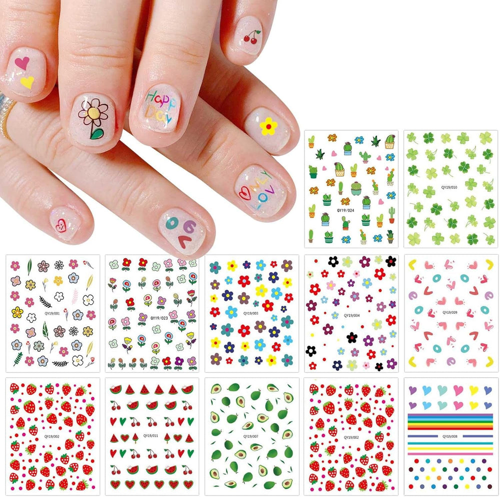 JMEOWIO Süße Nagelsticker Für Kinder 14 Blatt Nail Art Sticker Selbstklebend Nagelaufkleber Regenbogen Blumen Fruit Dekoration Nageldesign Zubehör