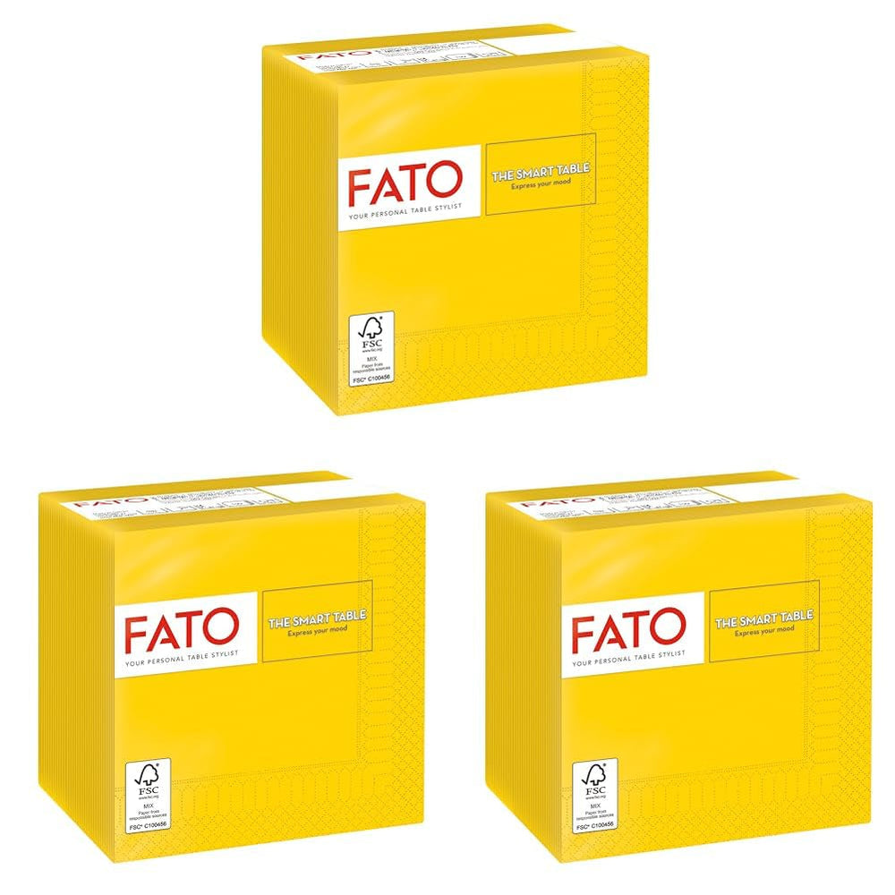 , Serviettes en papier jetables, idéales pour les apéritifs et les cocktails, paquet de 100 serviettes, taille 24 x 24, 4 épaisseurs, 2 épaisseurs, jaune, papier 100 % pure cellulose, certifié FSC (lot de 3)