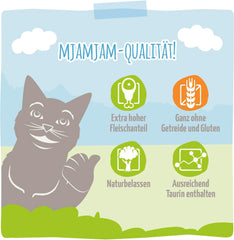 MjAMjAM - Hrană umedă premium pentru pisici - rață fragedă și carne de pasăre cu morcovi delicioși, 1 pachet (1 x 400 g), fără cereale cu carne suplimentară