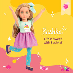 Glitter Girls - Sashka - 36 cm Bewegliche Modepuppe - Blondes Haar & grüne Augen - Cupcake-Kleid mit Haarschleife - Glitzerschuhe & Gepunktete-Leggings - 3 Jahre +