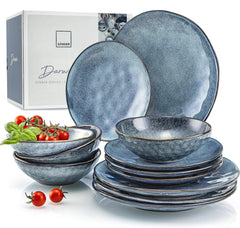 SANGER | Service de table Darwin 12 pièces, service de table en grès pour 4 personnes, service de table bleu comprenant des assiettes plates, des assiettes à dessert et des assiettes creuses, un service de table fait main | LA COLLECTION PREMIUM