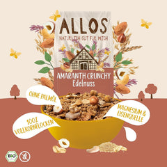 Muesli croquant premium aux noix et amarante Allos | Muesli biologique | Muesli aux noix | Gruau | Céréales pour le petit déjeuner | Végétalien | Paquet de 6 (6x400g)