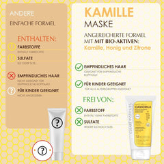 Institut Clearé | Masque à la camomille | Nourrit, conditionne et démêle | Brillance et brillance dorées | 97% d'ingrédients naturels | Apaise le cuir chevelu À l'extrait de camomille | Masque capillaire Naty Shop 150 ml