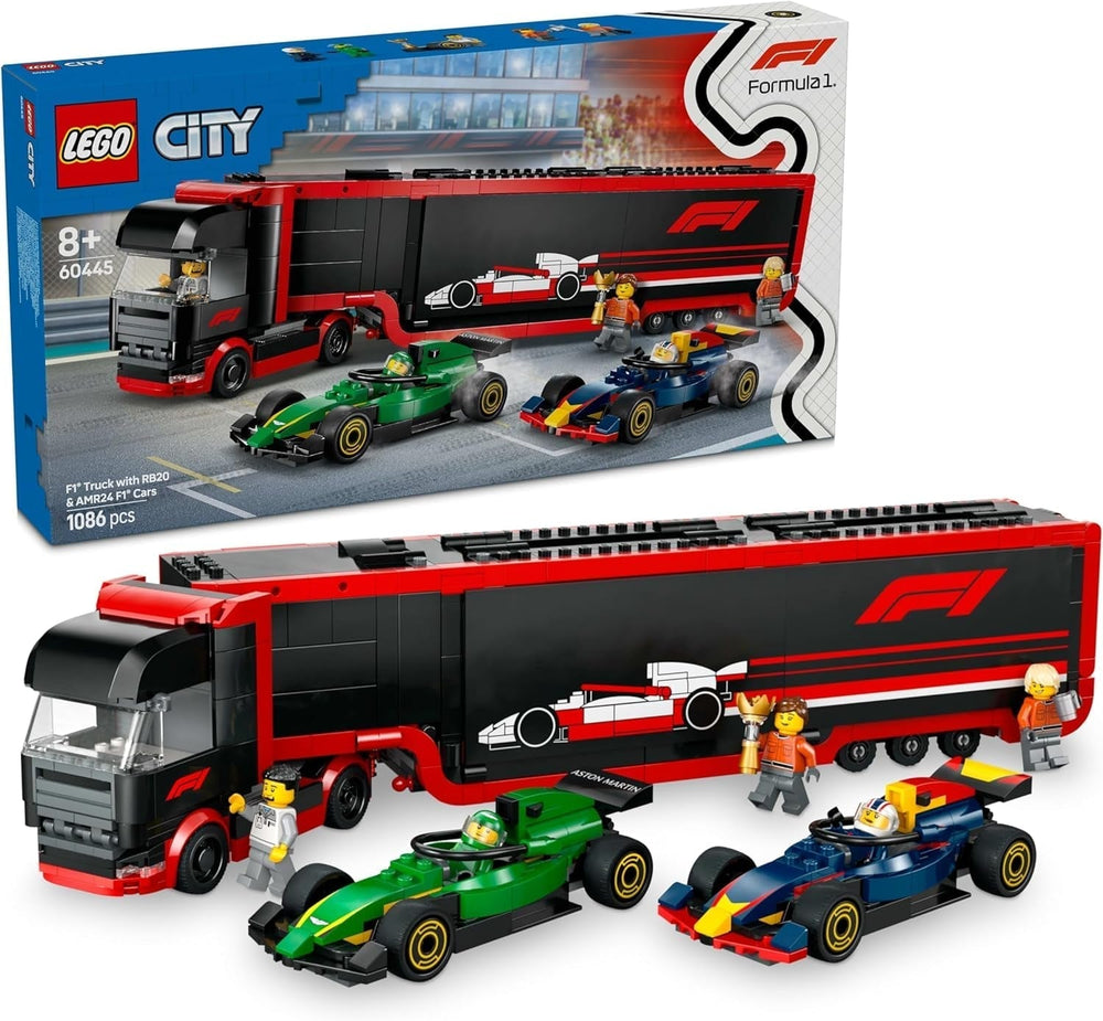 LEGO City F1 Transporter avec voitures de course F1 RB20 et AMR24 - Transporteur de voitures miniatures pour les équipes de Formule 1 Red Bull et Aston Martin - Incl. 5 figurines - Cadeau pour garçons et filles à partir de 8 ans 60445 Jeux de construction Beuche den LEGO-Store Titre par défaut