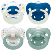 NUK Signature Sucettes jour et nuit pour bébés | 0-6 mois | Calme 95 % des bébés | Sucettes en silicone en forme de cœur sans BPA | Brille dans le noir | Étoiles | Paquet de 4