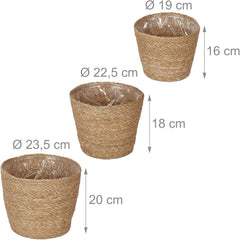 Relaxdays Lot de 3 pots de fleurs en jonc de mer, panier rond pour fleurs et herbes aromatiques, avec film plastique, 3 tailles, naturel