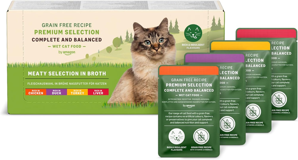 Amazon Nourriture humide sans céréales pour chats adultes Sélection de viande en gelée 4,76 kg 56 paquets de 85 g (anciennement Lifelong)