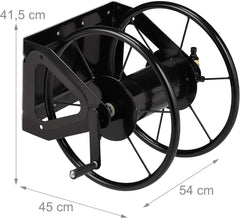 Enrouleur de tuyau Relaxdays, enrouleur de tuyau avec manivelle, pour tuyau de 60 m, acier, HxLxP : 41,5 x 54 x 45 cm, noir