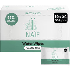 Naïf - Șervețele umede fără plastic - 864 bucăți (16 pachete a câte 54 de șervețele) - Îngrijire pentru fundulețul, corpul și fața bebelușului - 99% apă - 0% parfum și alcool